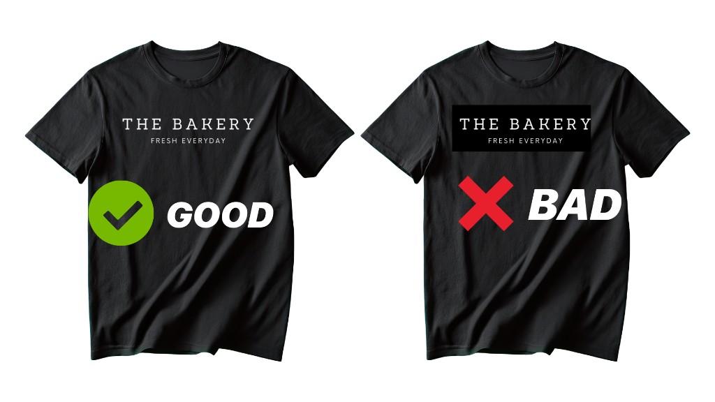 Comparison on a black t-shirt showing a clean transparent design versus a design with a black background box that prints behind the artwork
