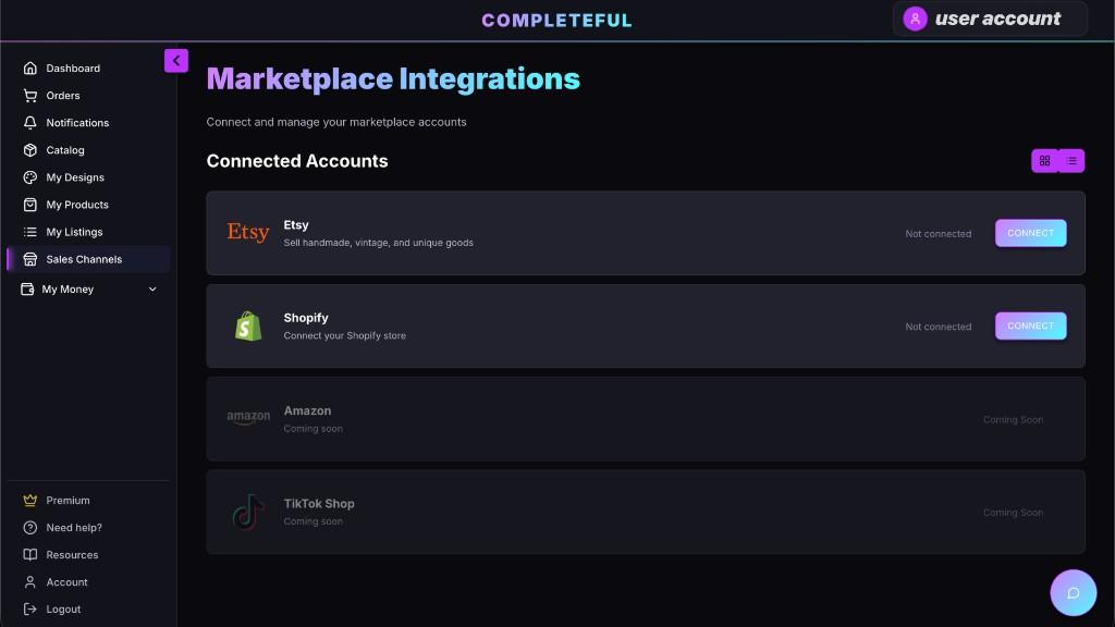 Marketplace integrations screen showing supported connected account platforms
