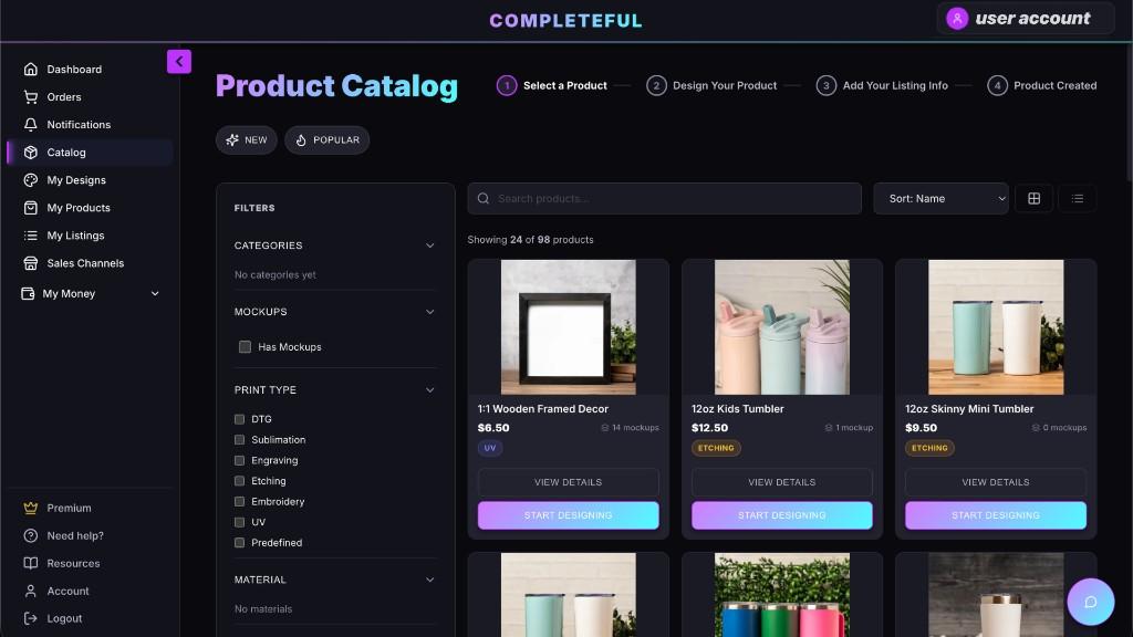 Product catalog screen showing where to start designing and upload artwork