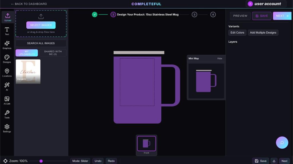 Product design editor screen for configuring design and product variants